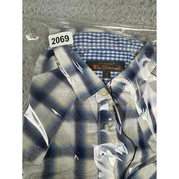 Ben Sherman Mens S Checkered Long Sleeve Shirt Western Cowboy Blue White NWT - Picture 14 of 14